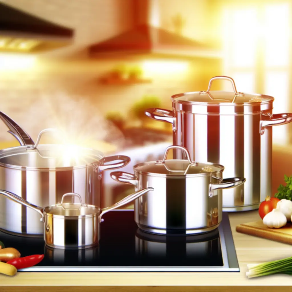 Elegancki zestaw garnków ze stali nierdzewnej ustawiony na jasnym blacie kuchennym