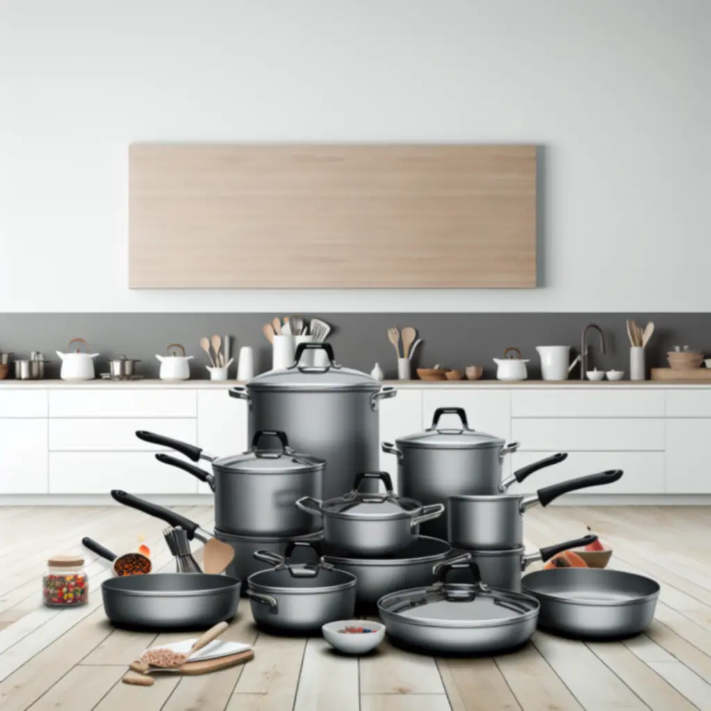 Praktyczny zestaw garnków i patelni ułożony na blacie nowoczesnej kuchni