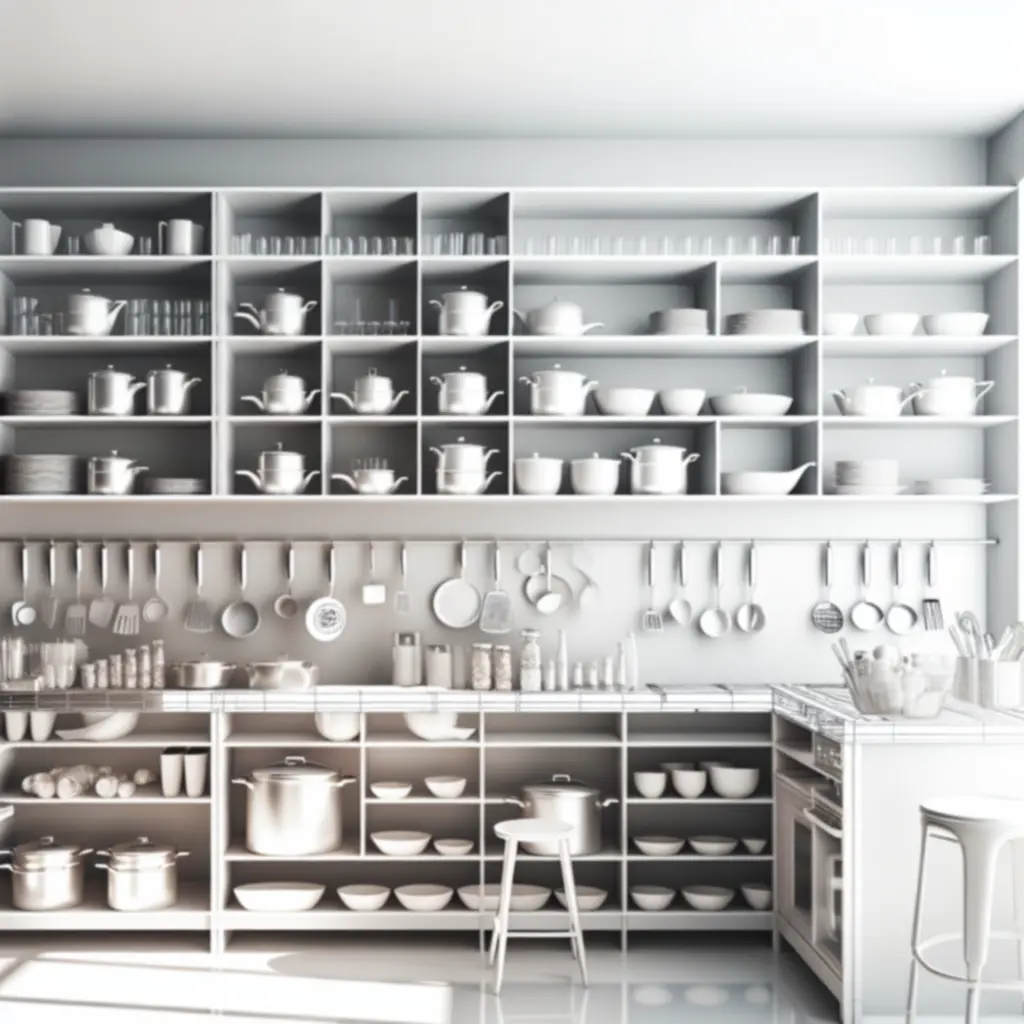 Nowoczesna, jasna kuchnia z eleganckimi narzędziami kuchennymi ułożonymi na blacie