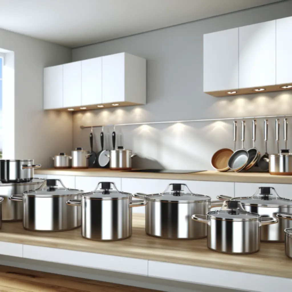 Nowoczesny zestaw naczyń kuchennych na blacie w jasnej, współczesnej kuchni