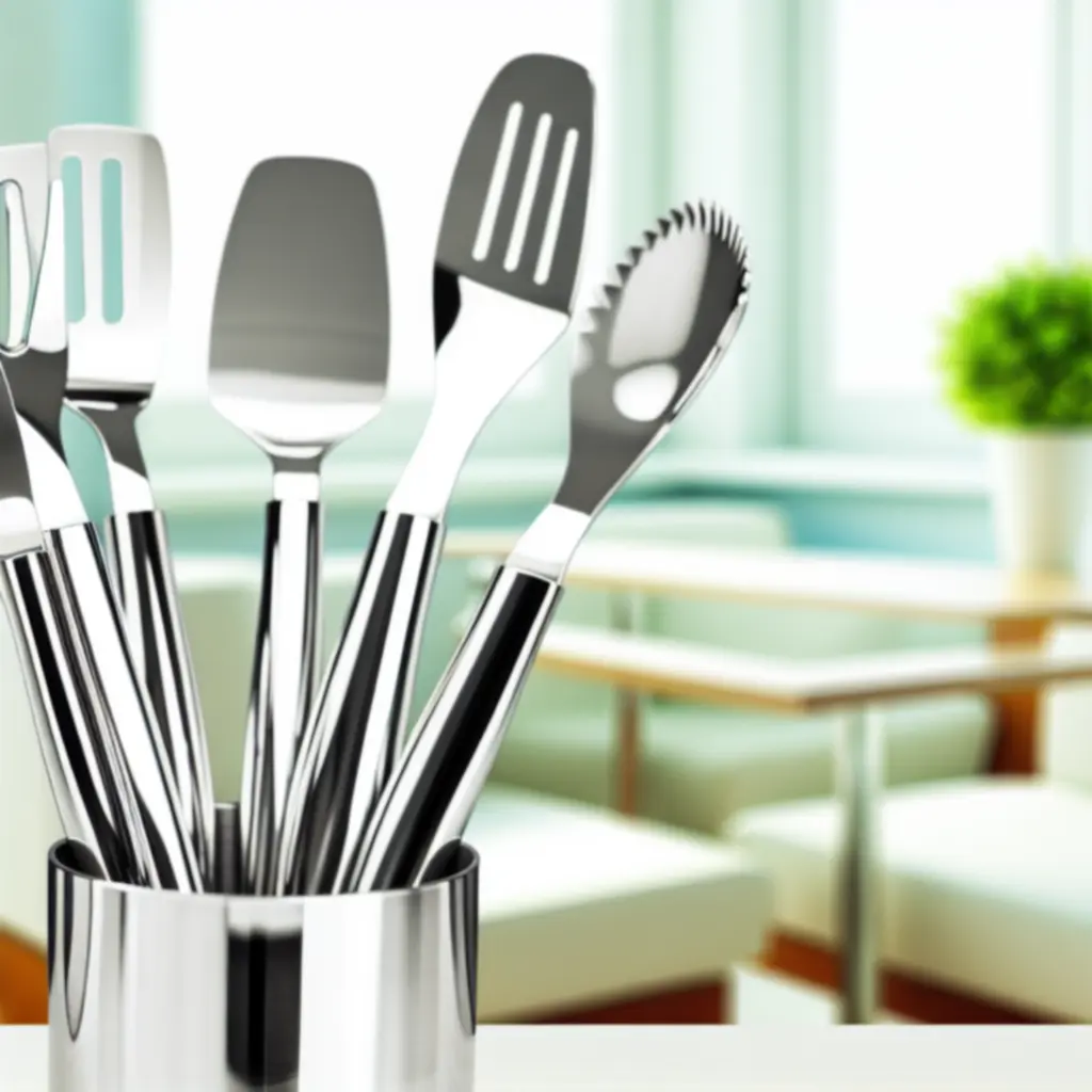 Zestaw nowoczesnych przyborów kuchennych ustawionych w organizerze na blacie