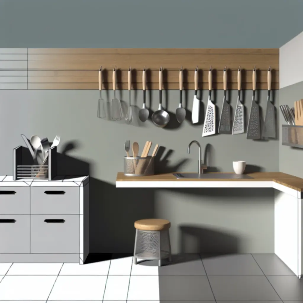 Estetyczne przechowywanie przyborów kuchennych w stojakach i na relingu w nowoczesnej kuchni