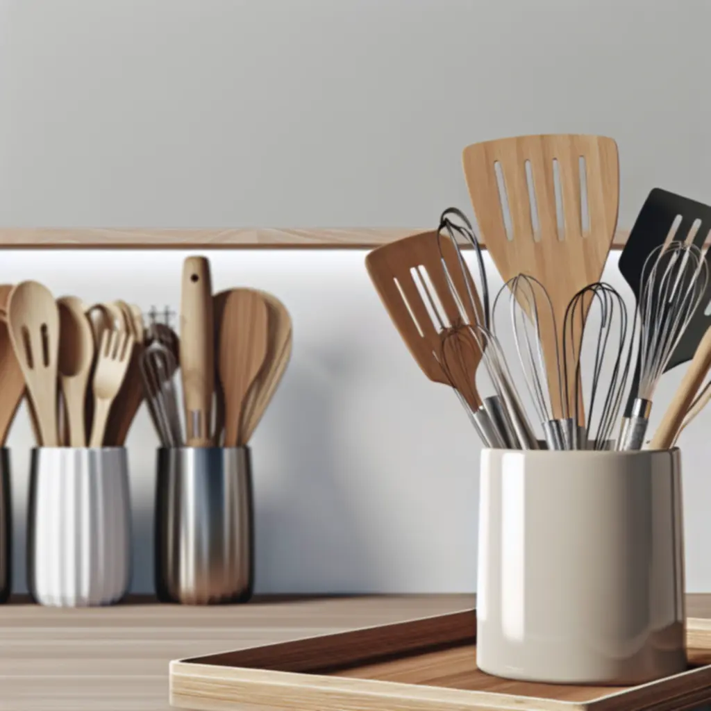 Zestaw nowoczesnych przyborów kuchennych na blacie w jasnej kuchni